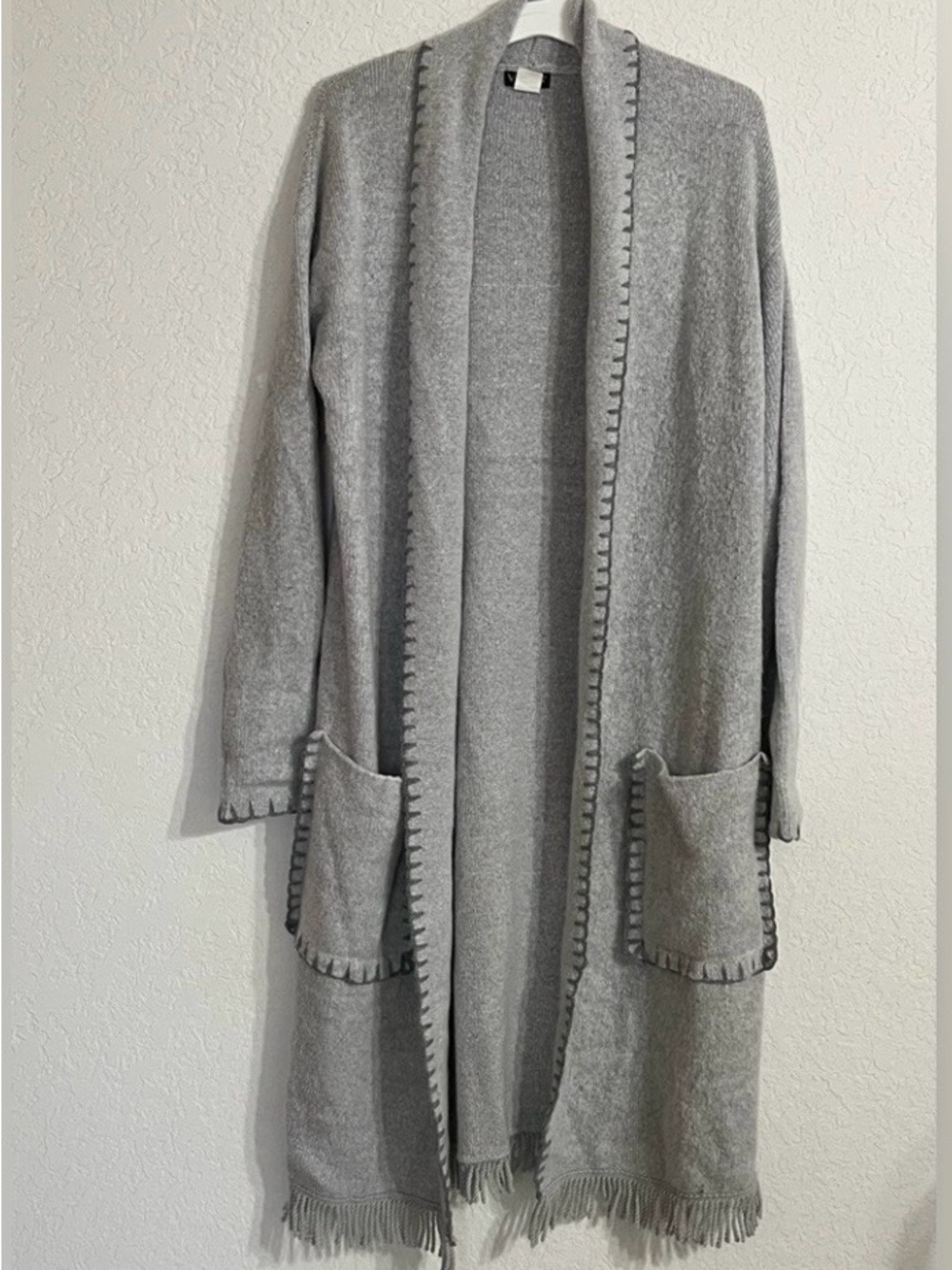 Venus Gray Whipstitch Fringe Duster Cardigan Midi Open Front Size M Cozy Fall - Picture 2 of 10